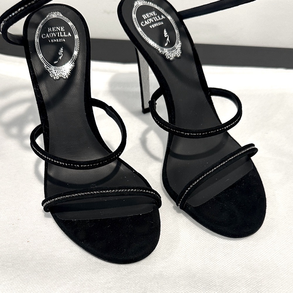 RENE CAOVILLA NWOT Cleo Suede Strass Ankle-wrap Sandals Black Sandal Heel 37.5 - Picture 3 of 7